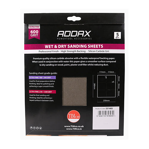 Premium quality silicon carbide abrasive with a flexible waterproof backing paper. When used in conjunction with water this paper gives a smoother surface compared to dry sanding on metal, wood, paint and varnish whilst reducing dust. 