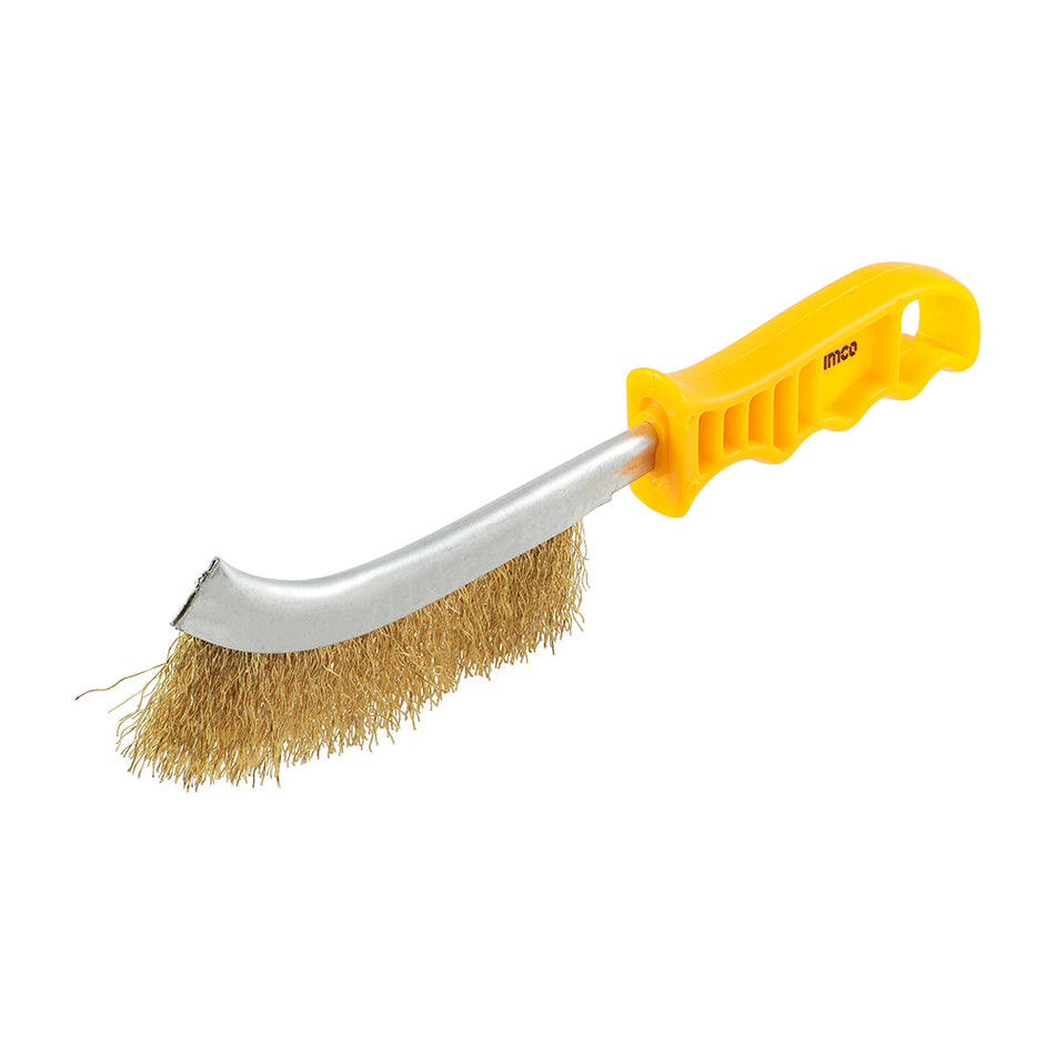 A high density brass wire brush with an ergonomic plastic handle. Ideal for a more aggressive removal of paint, rust, scale, grout or dirt. Sold in three brush types to suit a variety of applications. 