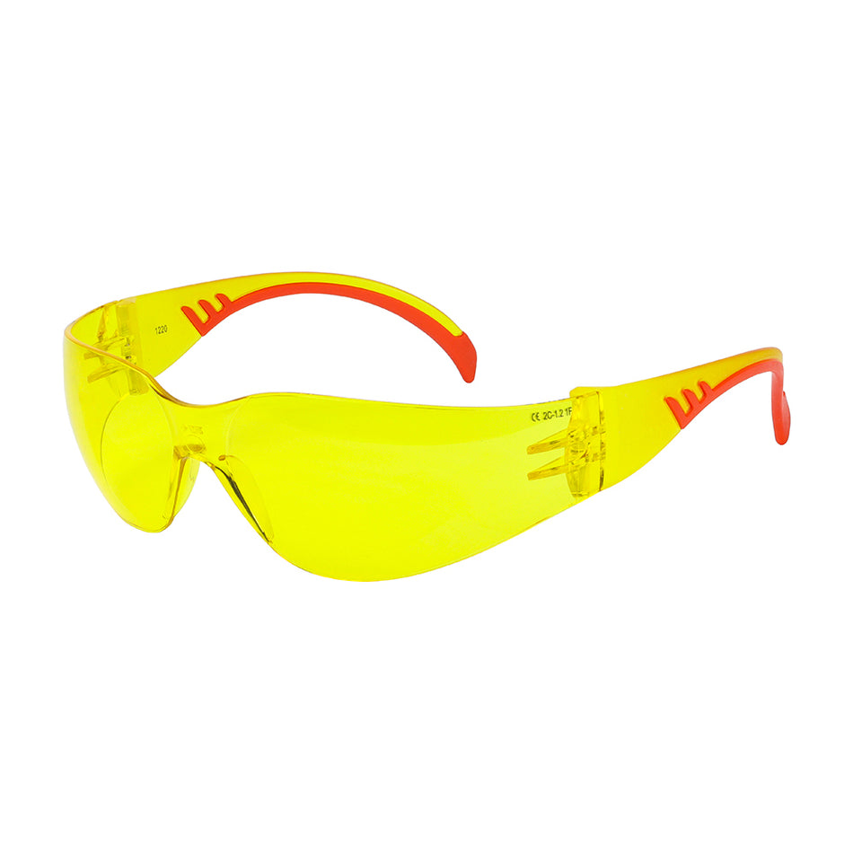 Lightweight safety glasses with soft arms to give extra comfort and grip around the ears and temples when worn for long periods. The amber lenses are for sharp visibility in low-light conditions. They also enhance contrast and depth perception and are great for overcast, hazy and foggy conditions. Treated with an advanced micro coating to prevent scratches. 