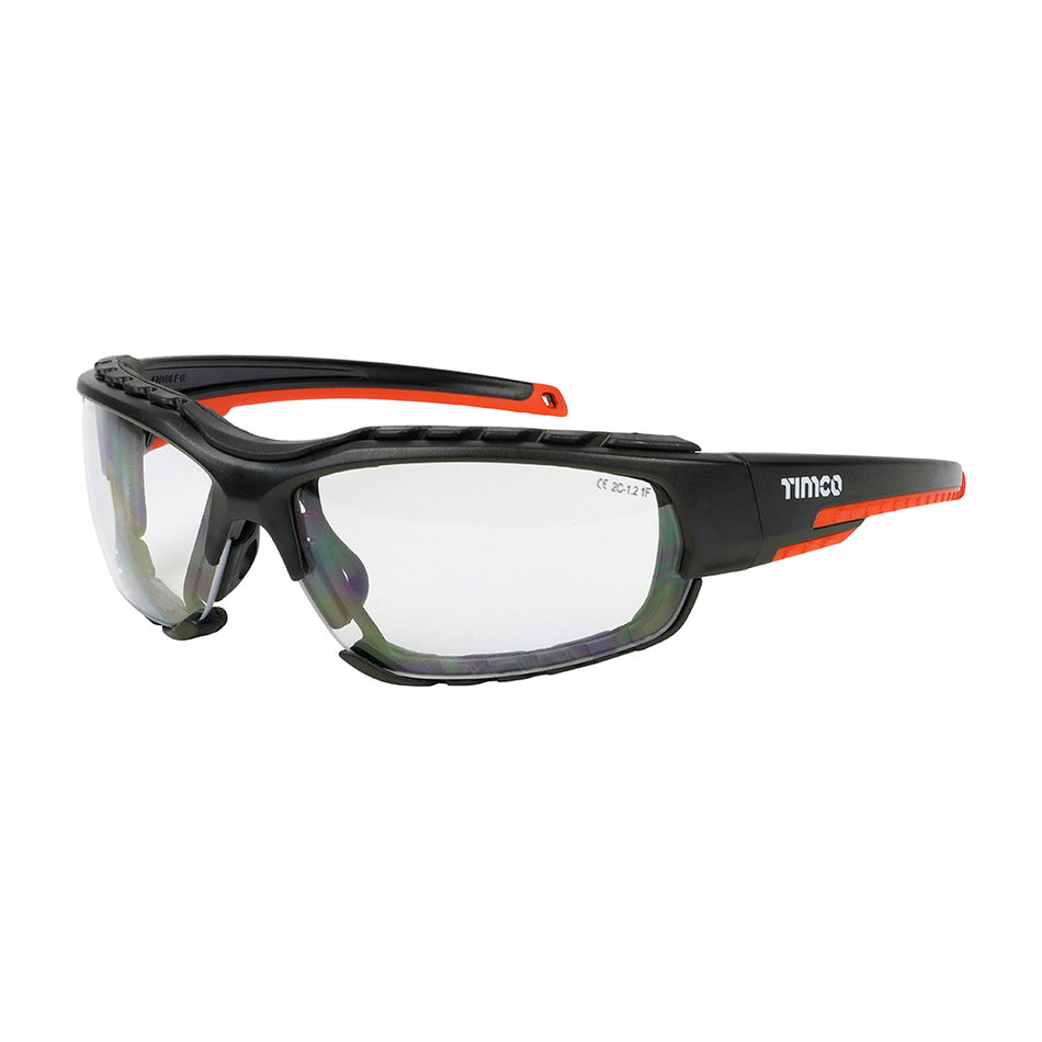 A designer pair of safety glasses built for strength, comfort and flexibility. The unique detachable foam gasket around the frame reduces the risk of dust, dirt and liquid ingress whilst providing additional comfort to the user. The soft rubber lining on the arms and around the nose give extra comfort and grip around the ears, temple and nose when worn for longer periods. The clear lenses provide excellent visibility and are treated with an adva