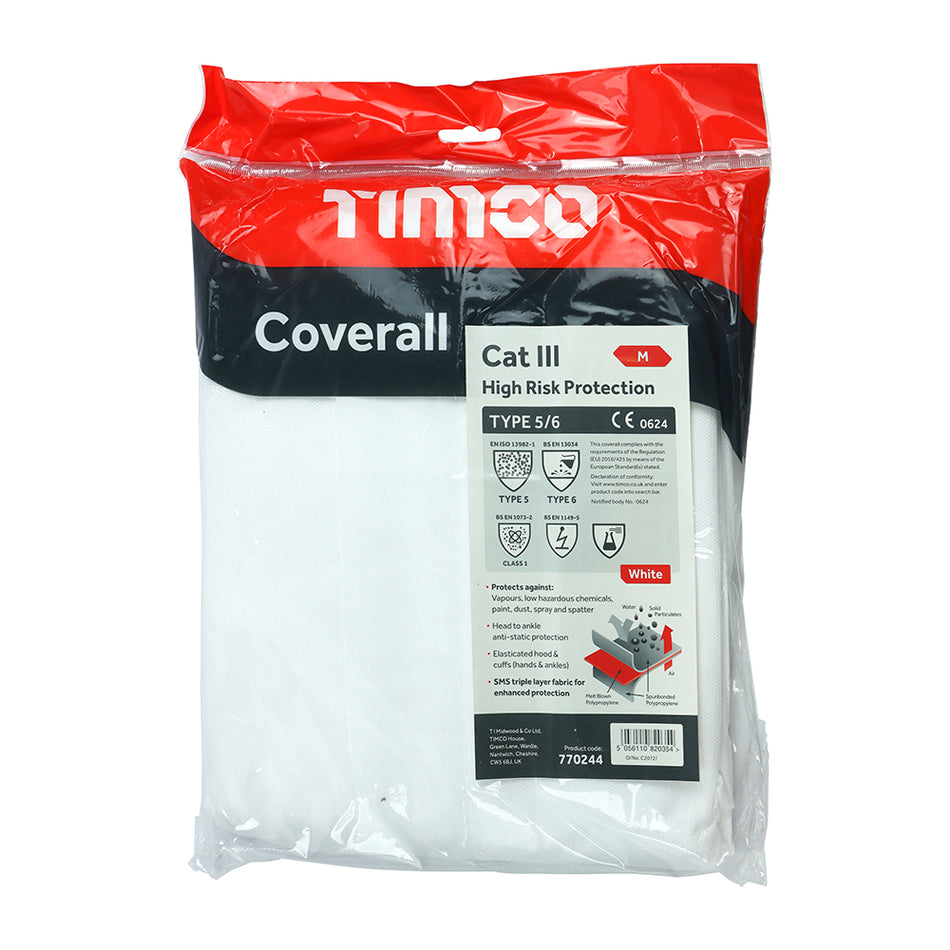 A Cat III Type 5/6 SMS protective disposable coveralls with hood gives ultimate protection against substances such as vapours, asbestos, paint, dust, spray and splatter.