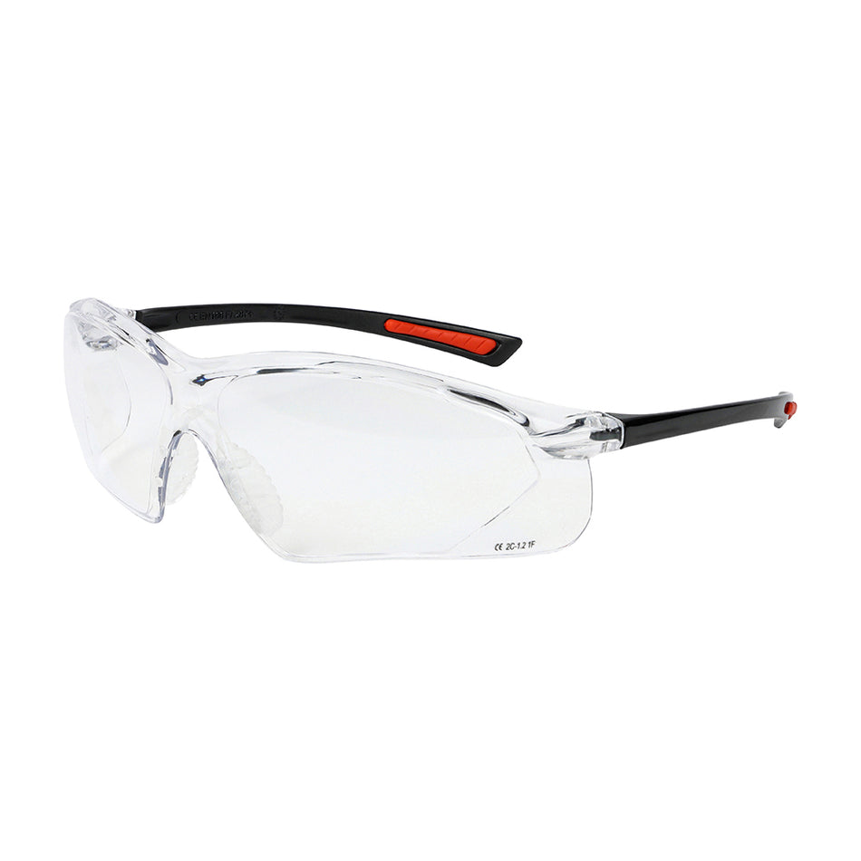 Modern slim fit safety glasses with additional side protection. Ergonomically designed to give ultimate comfort and protection on all head shapes and sizes. The soft rubber lining on the arms and around the nose give extra comfort and grip around the ears, temple and nose when worn for long periods. The clear lenses provide excellent visibility and are treated with an advanced micro coating to prevent scratches. 