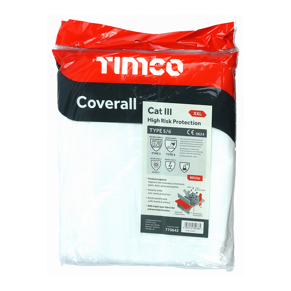 A Cat III Type 5/6 SMS protective disposable coveralls with hood gives ultimate protection against substances such as vapours, asbestos, paint, dust, spray and splatter. 