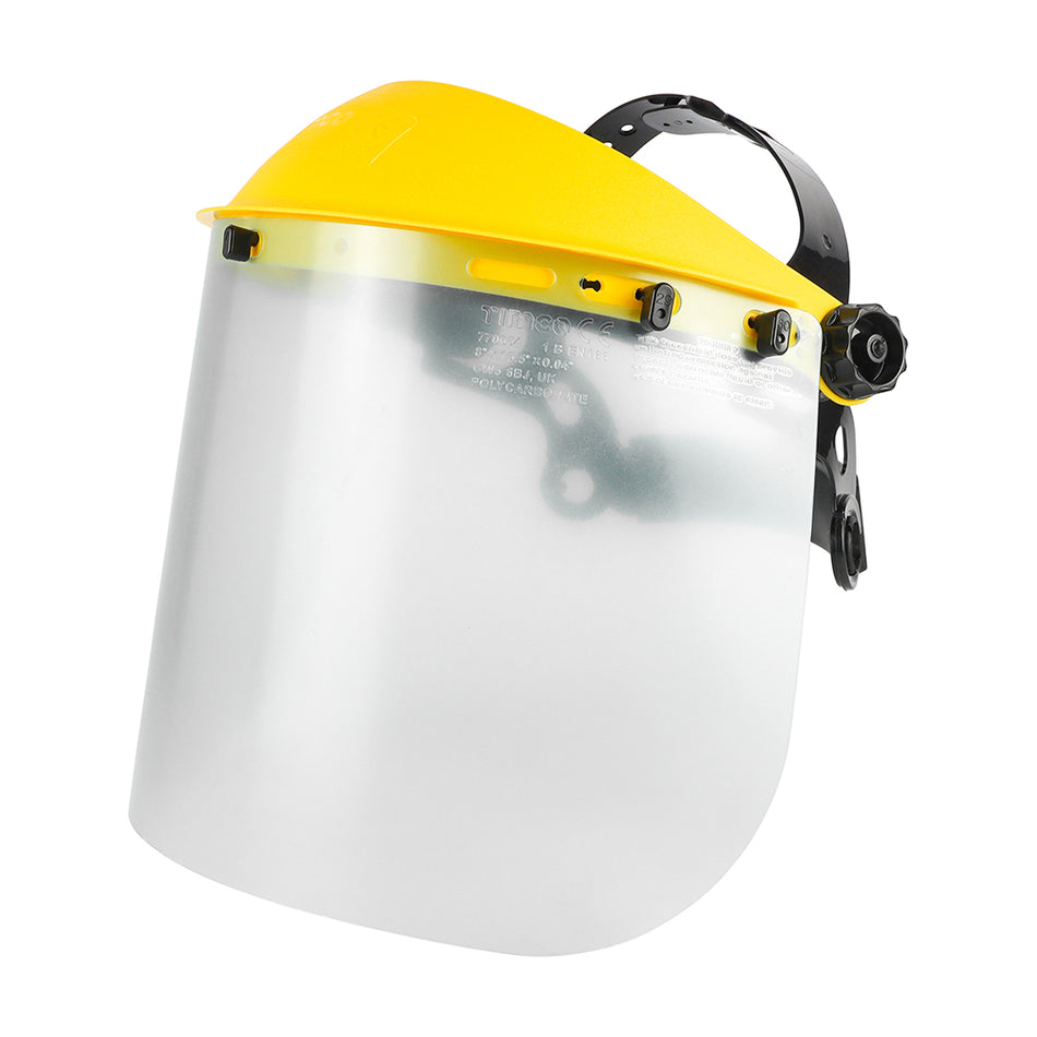 Lightweight flip-up detachable full face visor with an integral brow guard. Sold with an adjustable head harness to fit all head shapes and sizes. Ideal for workers employed in the landscaping, construction and farming industries, to protect the face and eyes from dust particles, flying debris and liquid droplets. 