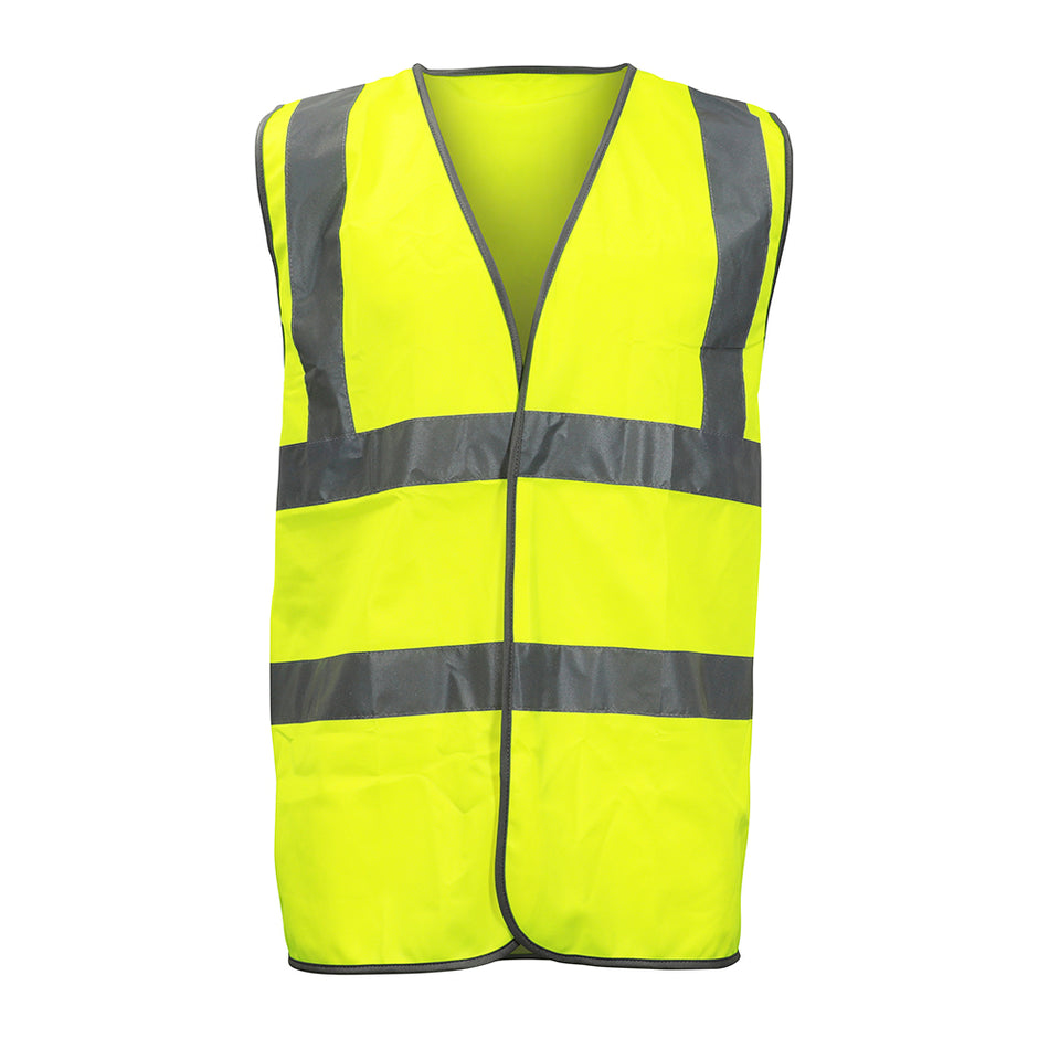 High visibility yellow waistcoat with highly reflective panels to body and shoulders for visibility, particularly during the hours of darkness.