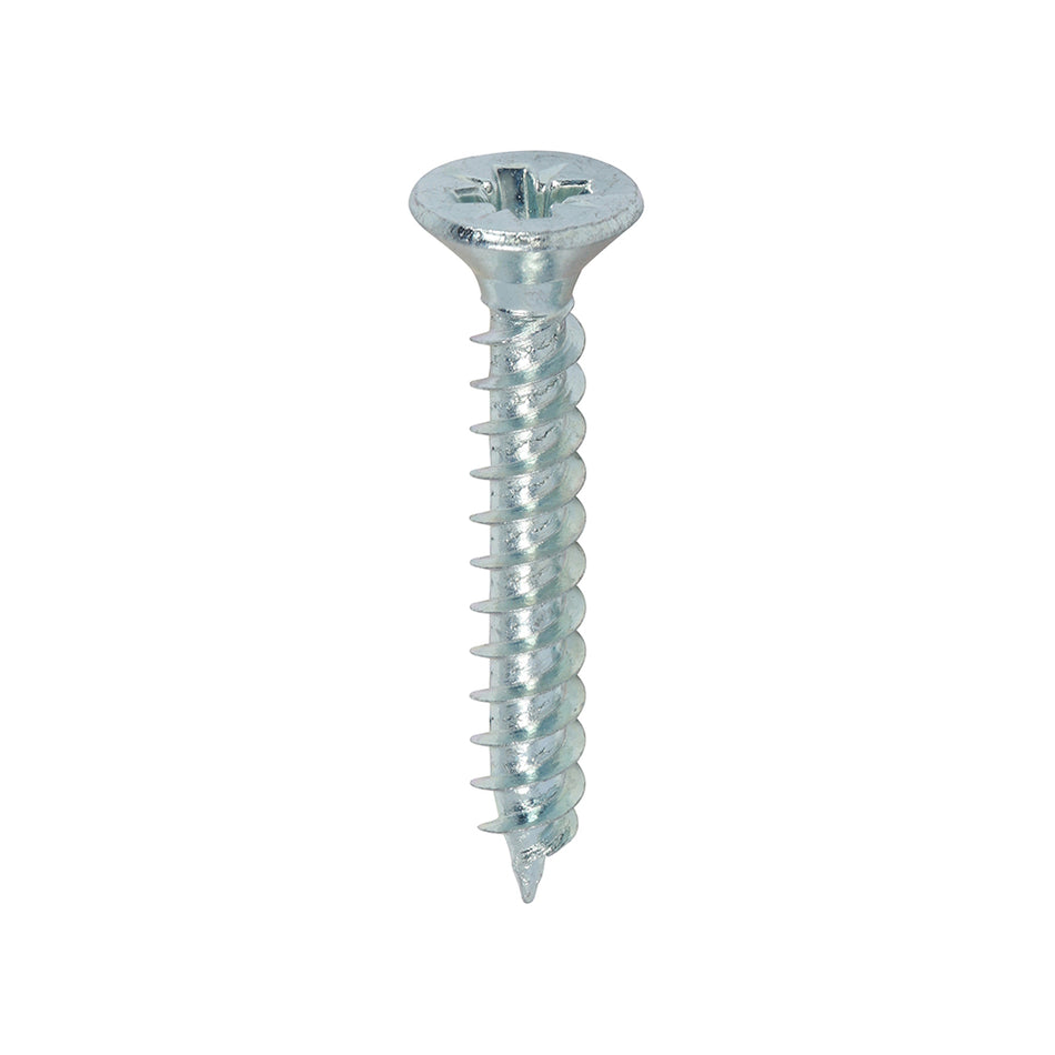 A traditional twin-thread woodscrew with single lead start for a fast installation. Mainly used in soft timber applications or masonry with a plastic plug. 