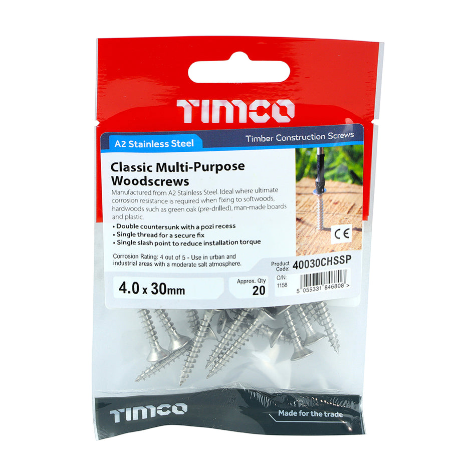 All the features and superior performance of the Classic Multi-Purpose Screw manufactured from A2 Stainless Steel. Ideal where ultimate corrosion resistance is required when fixing to softwoods, hardwood (pre-drilled), chipboard, MDF and plastic. Stainless steel must be used where there is corrosive environment and/or the base material has inherent corrosive characteristics e.g. Green Oak.