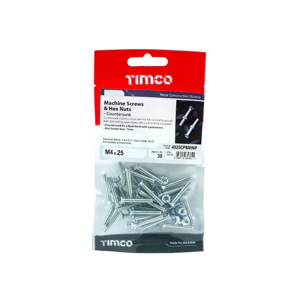 Countersunk machine screw with hex full nut ideal for general light duty bolting applications where a flush finish required.