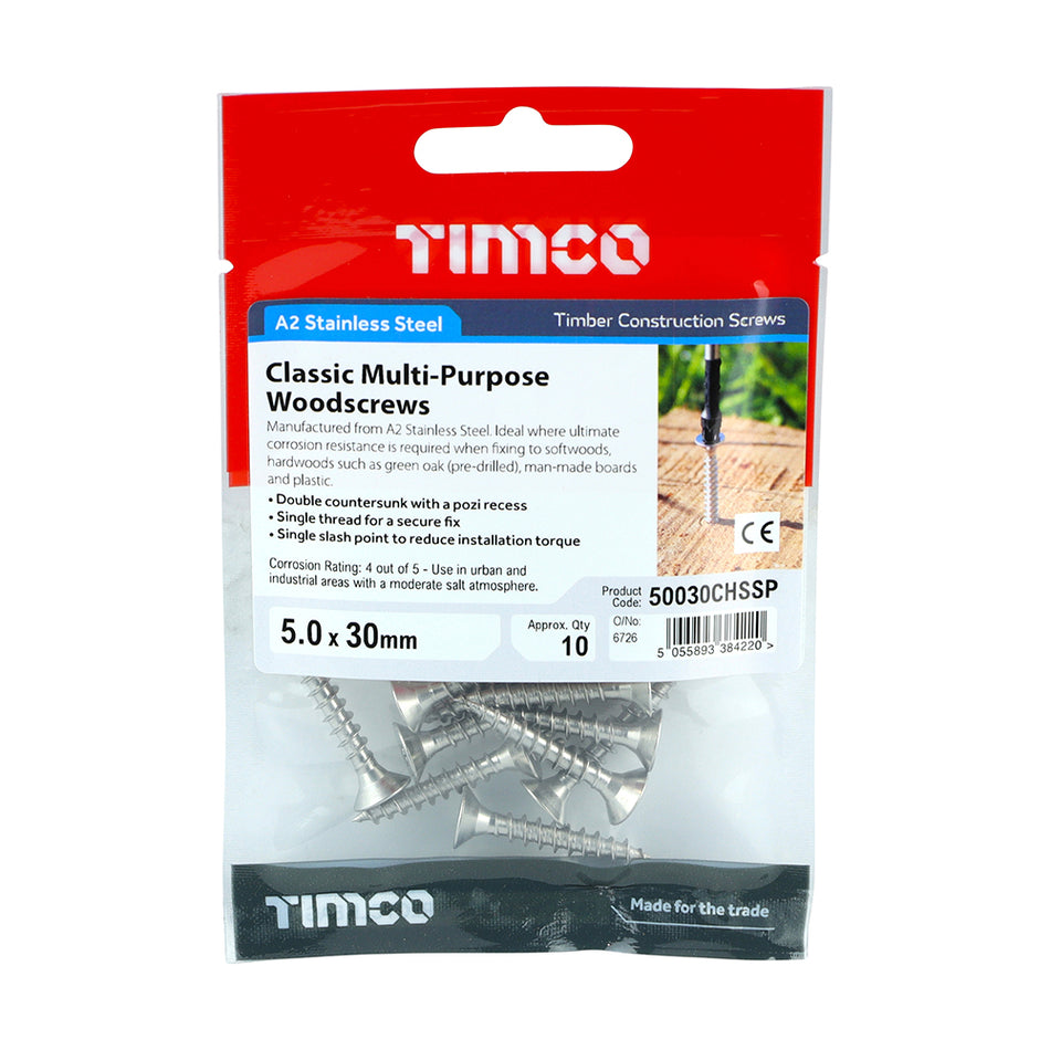 All the features and superior performance of the Classic Multi-Purpose Screw manufactured from A2 Stainless Steel. Ideal where ultimate corrosion resistance is required when fixing to softwoods, hardwood (pre-drilled), chipboard, MDF and plastic. Stainless steel must be used where there is corrosive environment and/or the base material has inherent corrosive characteristics e.g. Green Oak.