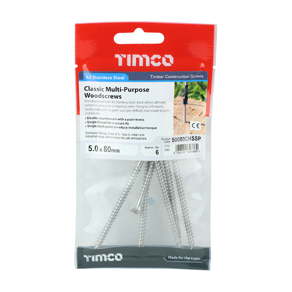 All the features and superior performance of the Classic Multi-Purpose Screw manufactured from A2 Stainless Steel. Ideal where ultimate corrosion resistance is required when fixing to softwoods, hardwood (pre-drilled), chipboard, MDF and plastic. Stainless steel must be used where there is corrosive environment and/or the base material has inherent corrosive characteristics e.g. Green Oak.