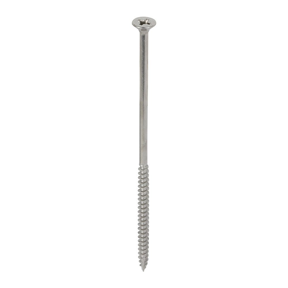 All the features and superior performance of the Classic Multi-Purpose Screw manufactured from marine grade A4 Stainless Steel. 
Ideal for coastal and highly corrosive environments when fixing to softwoods, hardwood (pre-drilled), chipboard, MDF and plastic. 
Stainless steel must be used where there is corrosive environment and/or the base material has inherent corrosive characteristics e.g. Green Oak.
