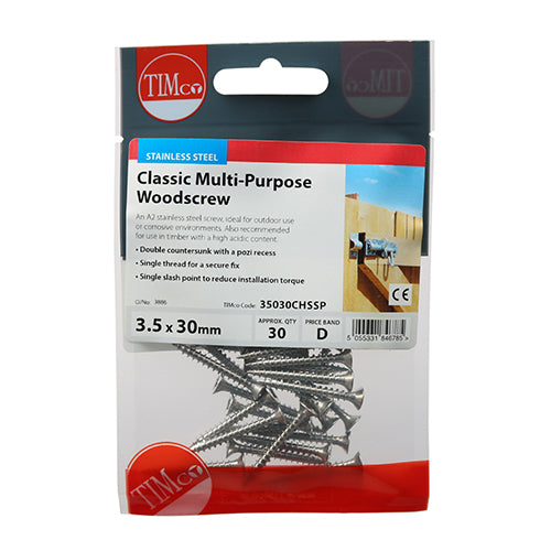 All the features and superior performance of the Classic Multi-Purpose Screw manufactured from A2 Stainless Steel. Ideal where ultimate corrosion resistance is required when fixing to softwoods, hardwood (pre-drilled), chipboard, MDF and plastic. Stainless steel must be used where there is corrosive environment and/or the base material has inherent corrosive characteristics e.g. Green Oak.