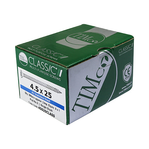 All the features and superior performance of the Classic Multi-Purpose Screw manufactured from A2 Stainless Steel. Ideal where ultimate corrosion resistance is required when fixing to softwoods, hardwood (pre-drilled), chipboard, MDF and plastic. Stainless steel must be used where there is corrosive environment and/or the base material has inherent corrosive characteristics e.g. Green Oak.