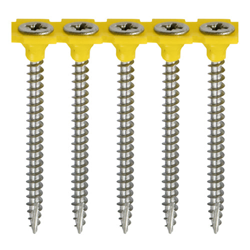 All the features and superior performance of the Classic Multi-Purpose Screw manufactured from A2 Stainless Steel. Ideal where ultimate corrosion resistance is required when fixing to softwoods, hardwood (pre-drilled), chipboard, MDF and plastic. The collated strips are specifically designed to be compatible with all leading power tool brands. Stainless steel must be used where there is corrosive environment and/or the base material has inherent