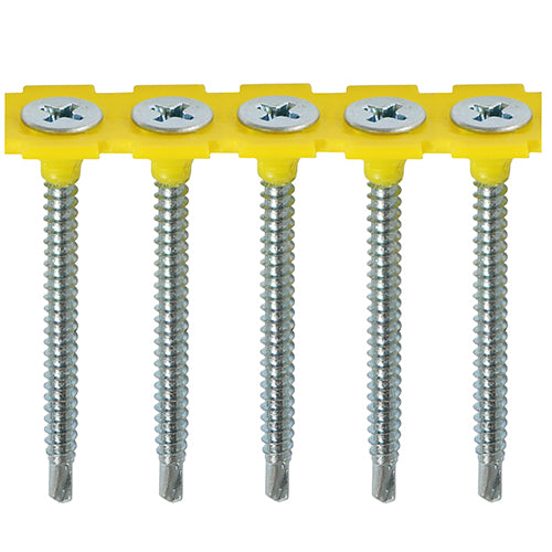 Self-drilling point to aid fixing plasterboard to wall/ceiling track systems with a max. of 2.0mm thickness. The collated strips are specifically designed to be compatible with all leading power tool brands.