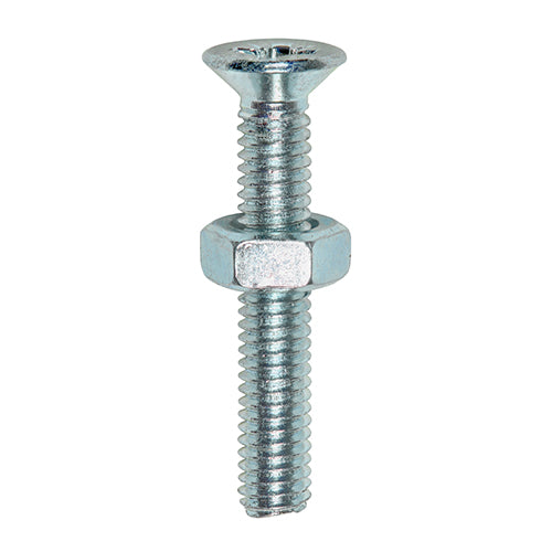 Countersunk machine screw with hex full nut ideal for general light duty bolting applications where a flush finish required.