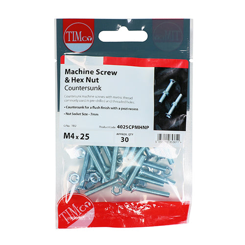 Countersunk machine screw with hex full nut ideal for general light duty bolting applications where a flush finish required.