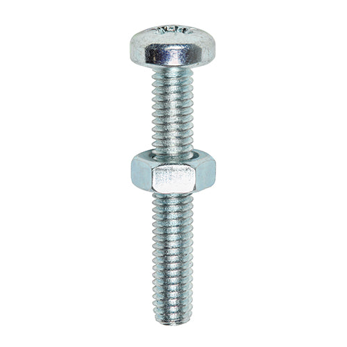 Pan head machine screw with hex full nut ideal for general light duty bolting applications where a pan head is required for extra clamping effectiveness.