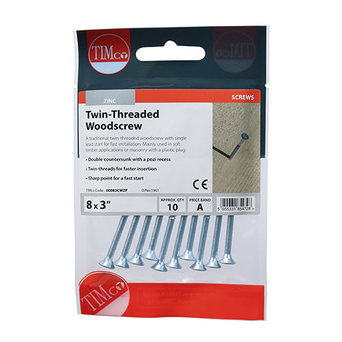 A traditional twin-thread woodscrew with single lead start for a fast installation. Mainly used in soft timber applications or masonry with a plastic plug. NOTE: Partially threaded. 