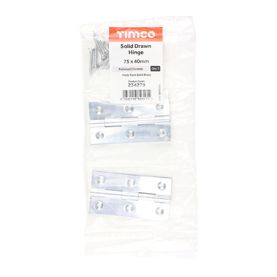 Solid drawn hinges are made to a high specification from solid drawn brass and brass pins to guarantee no rust and a high quality long lasting finish. They are ideal for hanging light cupboard and cabinet doors in quality joinery products. Fixings included.