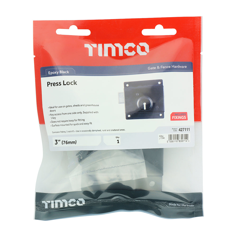 A low security lock commonly fitted to shed and green house doors which is surface mounted for quick and easy installation. The lock bolt engages on or into the door frame and does not require a keep. Fixings included. 