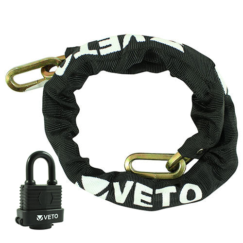 A hardened manganese steel security chain with a laminated padlock. The anti-crop square links are covered with an anti-scratch nylon protective sleeve. The padlock has a durable vinyl cover to enhance corrosion resistance and improve weatherproofing. Ideal for machinery, bicycles and ladders. 