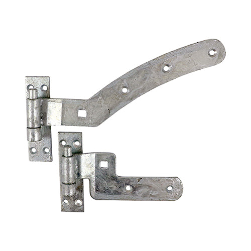 Curved rail hinge sets are ideal for flush mounted fully framed gates with a curved top ledge. Depending on the weight distribution of the gate, the top or bottom pin can be mounted upside down to prevent unwanted removal of the gate. Fixings included. 