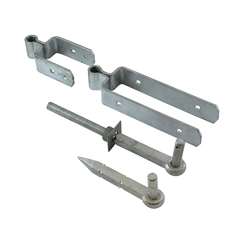 Ideal for use on fieldgates and driveway gates that are to be hung on timber posts. The hinge set provides exceptional support to the gate as the top band and bottom strap wrap around the gate and are fixed with cup square bolts to firmly secure in place. ?Depending on the weight distribution of the gate, the top or bottom pin can be mounted upside down to prevent unwanted removal of the gate. Fixings included. 