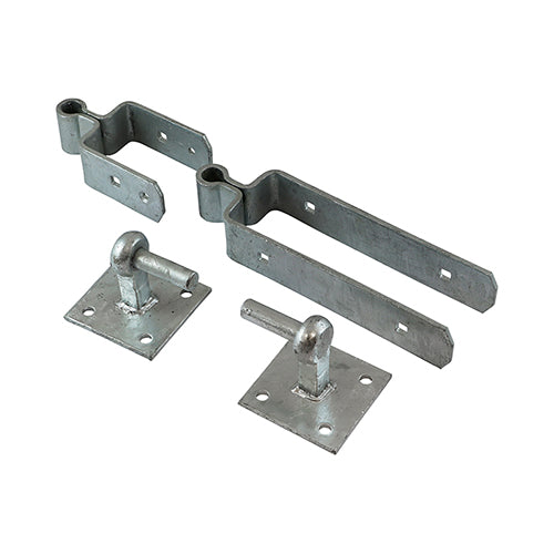 Ideal for use on fieldgates and driveway gates that are to be hung on timber, concrete or masonry posts. The hinge set provides exceptional support to the gate as the top band and bottom strap wrap around the gate and are fixed with cup square bolts to firmly secure in place. ?Depending on the weight distribution of the gate, the top or bottom pin can be mounted upside down to prevent unwanted removal of the gate. Fixings included. 