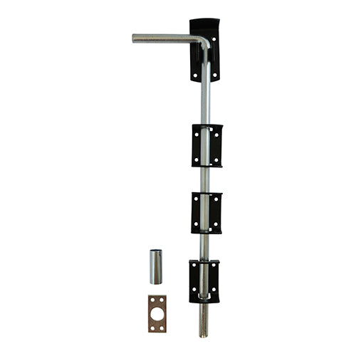 Ideal for securing the bottom of gates and doors in domestic and industrial applications. Extended bolt length for ease of operation and an adjustable bolt throw by moving the keep position. Fixings not included. 