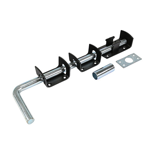 Ideal for securing the bottom of gates and doors in domestic and industrial applications. Extended bolt length for ease of operation and an adjustable bolt throw by moving the keep position. Fixings not included. 