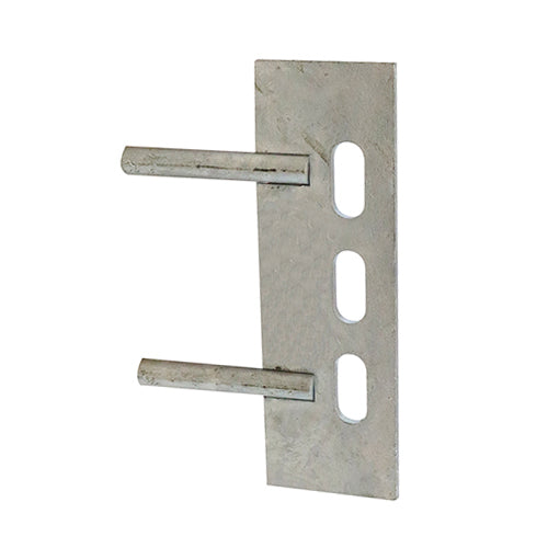 Suitable for fitting concrete gravel boards to concrete posts. The backplate mounts to the gravel board and the two pins locate into the post.