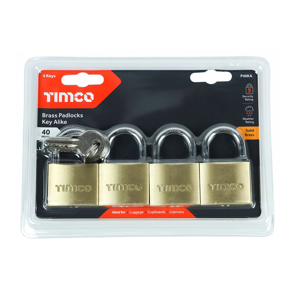 Set of four identical brass padlocks having the same key code so all four keys enclosed will fit each lock within the pack. This is convenient where numerous locks are to be used by the same group of people or person. A durable medium security padlock used for a variety of applications. Ideal for luggage, cabinets, sheds and gates.   