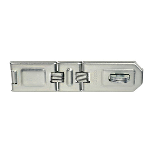 Double hinged flexible hasp and staple for use around corners, angles and uneven surfaces where doors do not sit flush with frames. 