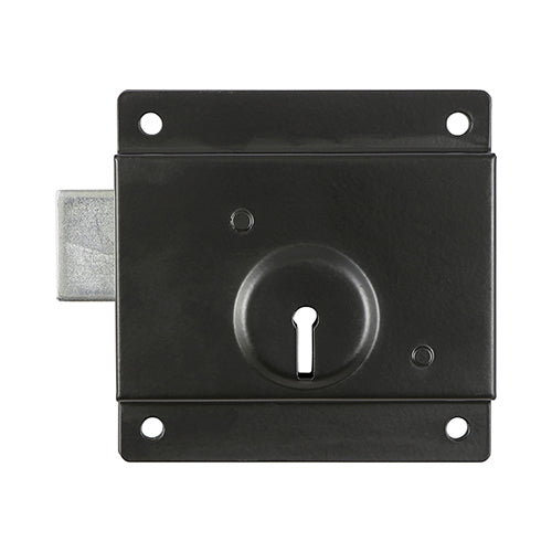 A low security lock commonly fitted to shed and green house doors which is surface mounted for quick and easy installation. The lock bolt engages on or into the door frame and does not require a keep. Fixings not included. 