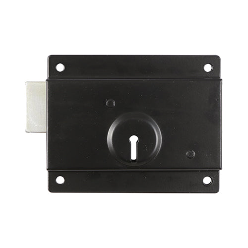 A low security lock commonly fitted to shed and green house doors which is surface mounted for quick and easy installation. The lock bolt engages on or into the door frame and does not require a keep. Fixings not included. 