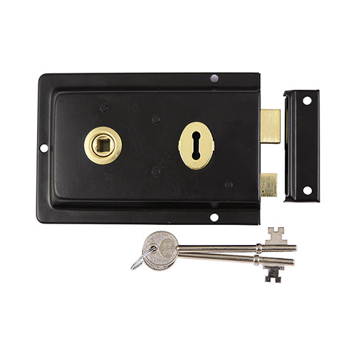 An ideal medium security lock for sheds and internal doors. It is reversible for both left and right hand hung doors and is key operation from both sides. Use with rim knob sets to operate the latch. Supplied with 2 keys. Fixings not included.  