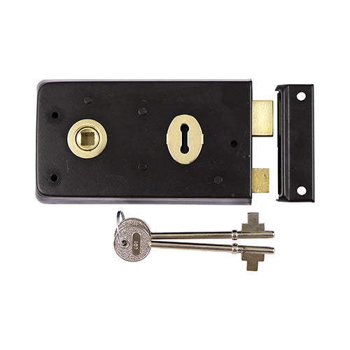 An ideal medium security lock for shed and internal doors. It is reversible for both left and right hand hung doors and is key operational from both sides. Use with rim knob sets to operate the latch. Supplied with keep for both inward and outward opening doors and 2 keys. Fixings not included. 