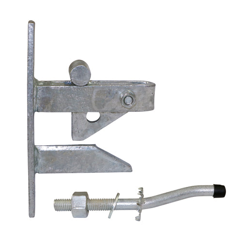 A heavy duty gate catch that is ideal for field and driveway gates. The latch automatically engages when the gate is closed and is pad-lockable for additional security.  The catch requires an in front of post gate mounting. Fixings included. 