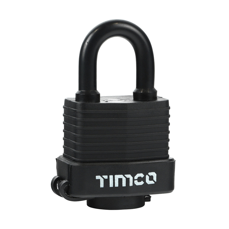 A laminated padlock with a durable vinyl cover to enhance corrosion resistance and improve weatherproofing. Ideal for sheds, gates and chains. 