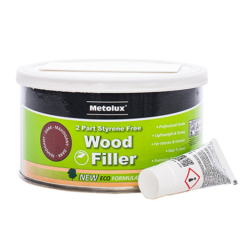 Metolux 2 Part Styrene Free Wood Filler is a two-part high strength polyester wood filler. It provides a strong high quality repair to wood imperfections. Supplied in pre-coloured blends to match your wood type. The weatherproof formulation is ideal for internal and external applications with additives to help flex with the natural movement of timber. 