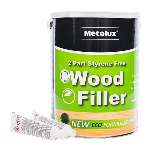 Metolux 2 Part Styrene Free Wood Filler is a two-part high strength polyester wood filler. It provides a strong high quality repair to wood imperfections. Supplied in pre-coloured blends to match your wood type. The weatherproof formulation is ideal for internal and external applications with additives to help flex with the natural movement of timber. 