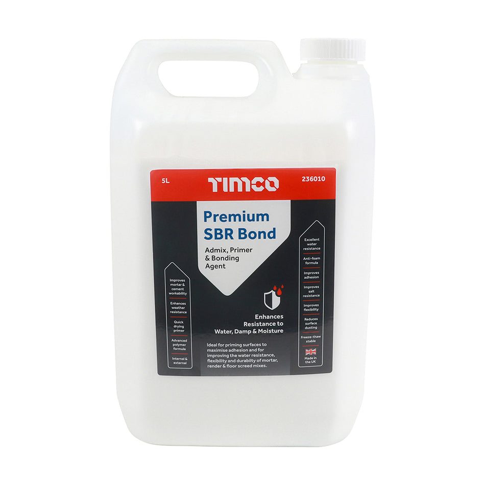 A premium quality latex based primer, admixture and bonding agent. The reinforced anti-foaming polymer formula increases the water resistance, durability and flexibility of concrete, mortar, renders, floor screeds and adhesive compounds. 
<special id="21"/>Ideally suited for pointing, patching, bedding, waterproofing, tanking and flooring, especially in wet, humid, damp environments. Unlike water based admixtures, SBR bond is suitable for extern