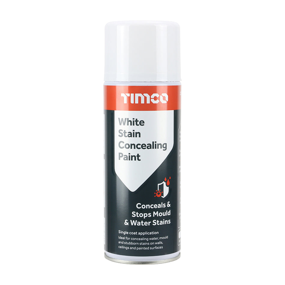 A fast drying spray paint which permanently prevents existing stains reappearing through paint finishes.  Can be overpainted in 15 minutes. 
Ideal for concealing stains caused by water, grease, nicotine, rust, soot, graffiti and more on a wide variety of materials. 