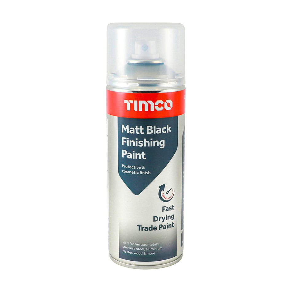 TIMCO matt black finishing paint is a multi-purpose acrylic based finishing paint designed to give a professional and corrosion resistant finish to most substrates including: ferrous metals, stainless steel, aluminium, plaster, wood and some plastics.
Ideal for ironmongery, garden furniture, decorative fixtures, concealing unsightly surfaces and repairing damaged paint surfaces.