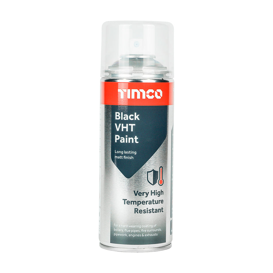 TIMCO Black VHT Paint is a hard-wearing heat and flame resistant coating for metal surfaces.
During the curing process a durable silicone matrix is formed to give protection against extreme temperatures.
Ideal for stoves, heaters, fireplaces and surrounds, boiler flues, machinery, exhausts, radiators, incinerators, furnaces and more.