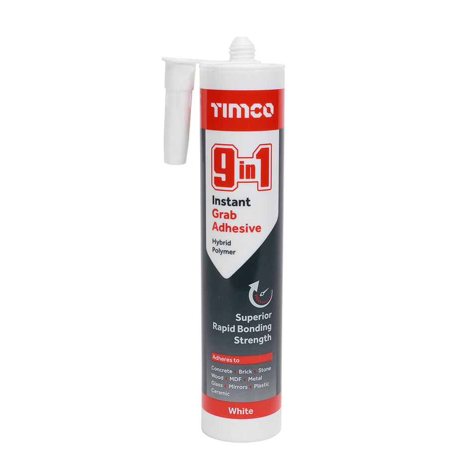 TIMCO 9 in 1 Instant Grab Adhesive has been developed to give superior rapid bonding strength to all building materials, even in wet conditions. The high viscosity instant grab formula eliminates the need for permanent and temporary support and can be painted over almost immediately.