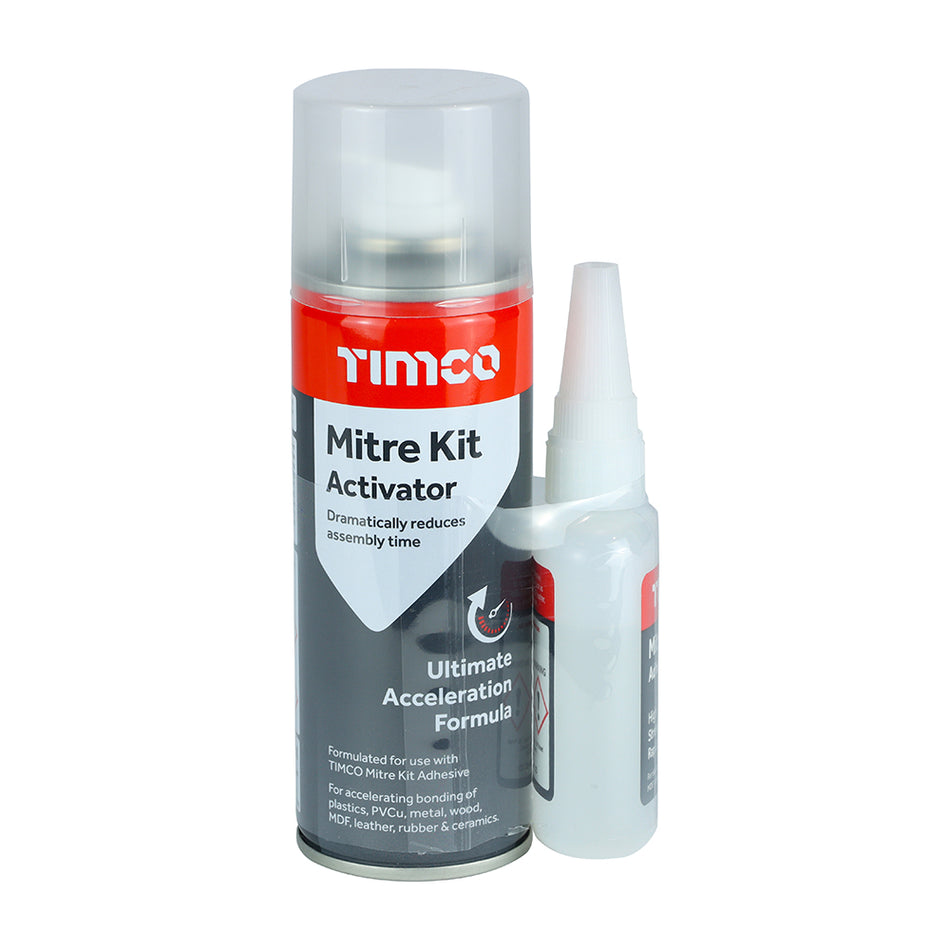 Mitre superglue is a fast setting (approx 90 secs) medium to high strength all purpose adhesive. 
Use mitre bond activator to create an instant bond (approx 10 secs) when fixing with mitre superglue. Can be used for small gap filling.
Suitable for use on non-porous surfaces such as plastics, PVCu, metal, wood, MDF, leather, rubber, ceramics and much more.