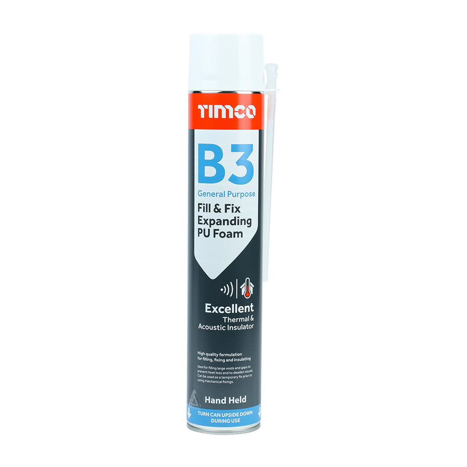 TIMCO B3 general purpose fill & fix expanding foam is a high quality polyurethane based expanding foam designed to give excellent thermal and acoustic characteristics. Expands to 30 times its original volume, quick to dry and can be sawn, sanded and painted once fully cured. Ideal for filling and insulating irregular or awkward gaps where the foam can expand and fill the cavity to prevent heat loss and deaden sound. Can also be used as a tempora