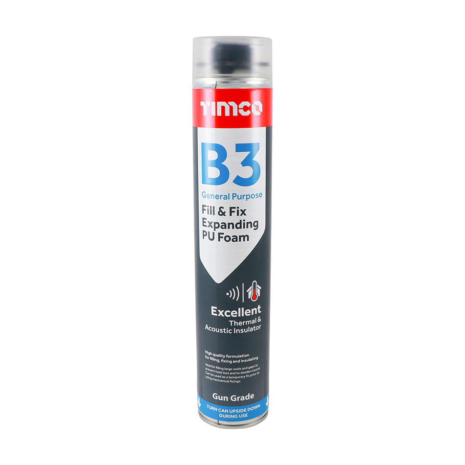 TIMCO B3 general purpose fill & fix expanding foam is a high quality polyurethane based expanding foam designed to give excellent thermal and acoustic characteristics. Expands up to 30 times its original volume, quick to dry and can be sawn, sanded and painted once fully cured. Ideal for filling and insulating irregular or awkward gaps where the foam can expand and fill the cavity to prevent heat loss and deaden sound. Can also be used as a temp